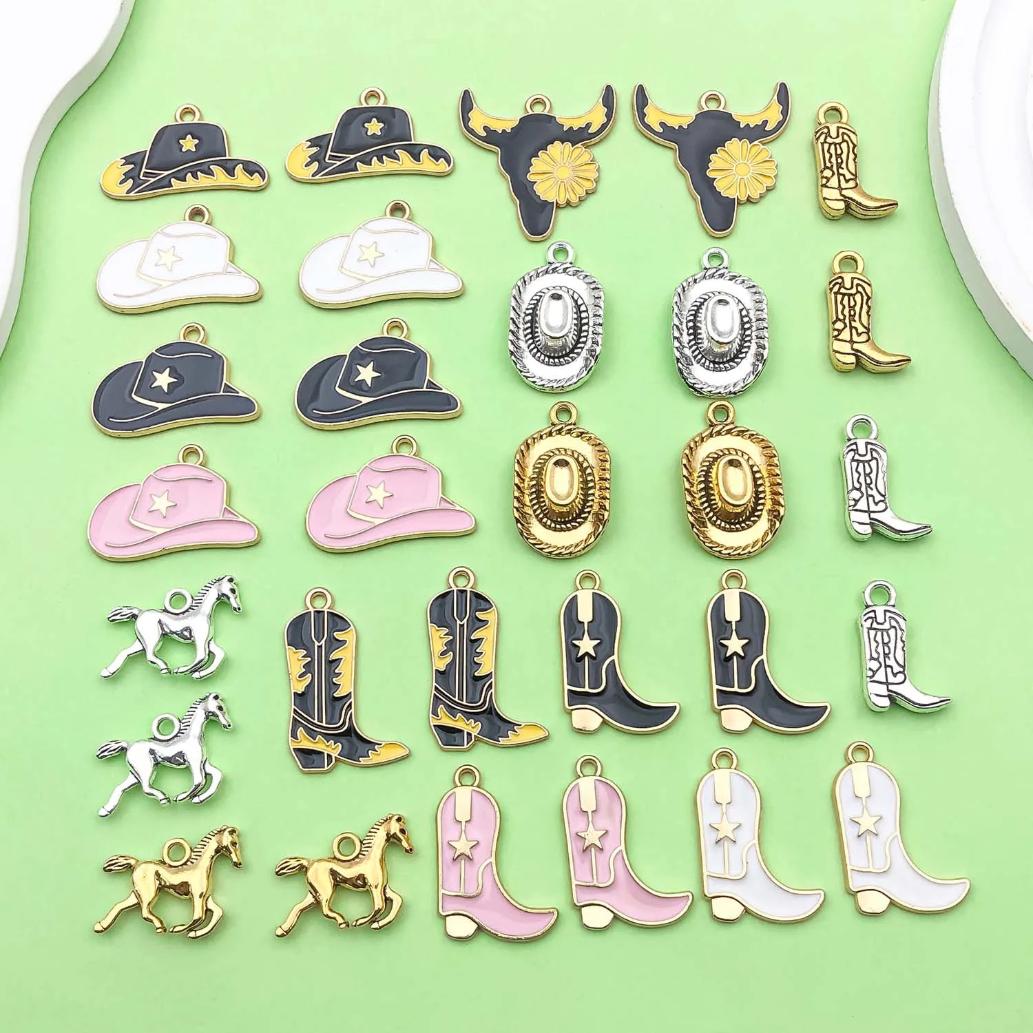 30pcs Western Cowboy Charms Alloy Western Horse Cowboy Hat Cowboy Boots Bull Head Pendants for DIY Jewelry Making Accessories 250609