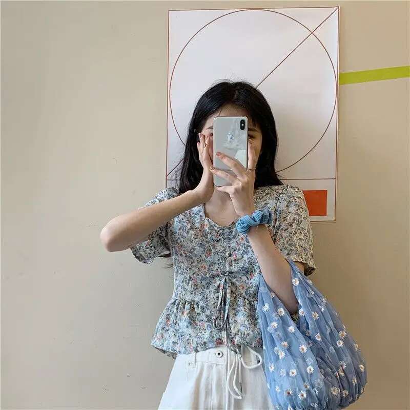 Clothing Short Sleeve Cute Womens Shirts and Blouses Kawaii Top for Woman Crop Floral with Bow Korean Style Modern Long Pretty