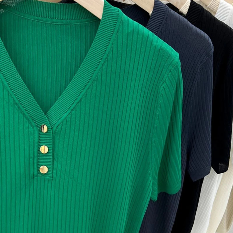 Womens Ice Silk Short Sleeves V Collar Knitting Wild Elastic T-Shirt Loose High Street Thread Thin Buttons Short Sleeve T-shirt 250614