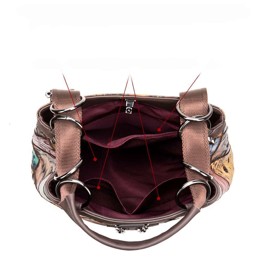 Bucket Bag Travel Backpack Ethnic Style Women's Genuine Leather Large Capacity Cowhide Patchwork Fashion and leisure