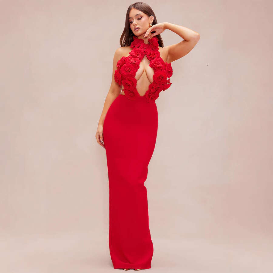 New Summer Fashion Elegant Slimming Backless Red Floral Long Bandage Dress
