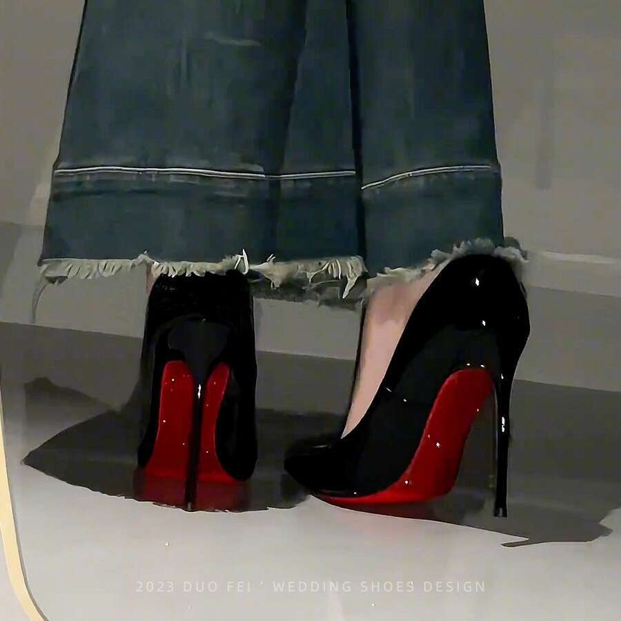 Rhinestone Red Sole High Heels Women Thin Heel Spring Autumn 2024 New Stunning Sexy Wedding Black Patent Leather Pointed Toe Single Shoes