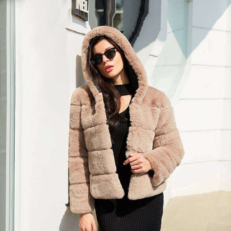 Faux Rabbit with Hood Women, Cropped Winter Jacket, Fashion Style, Fake Fur Coat for Lady