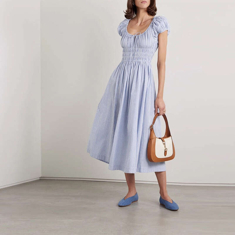 Vestidos Elegantes Beach Dress Skirt 710 New 2025 Blue Striped Square Neck Pure Cotton Vacation Waist-cinching Mid-length Dress French Style Women