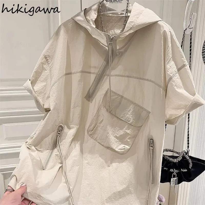 Summer Hoodies Womens Clothing Short Sleeve Hooded Half Zipper Y2k Tops Streetwear Casual Fashion Korean Sweatshirt Ropa Mujer 250612