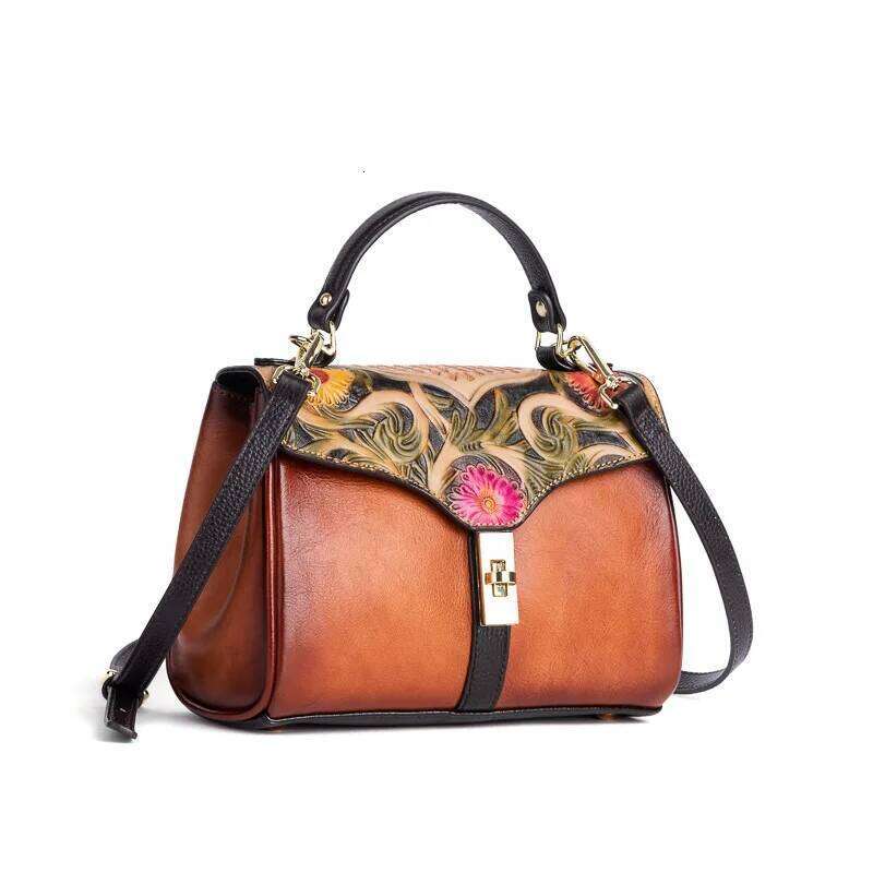 Vintage Genuine Handbag Woman First Layer Cow Leather Tote Bags 3D Floral Ladies Cowhide Shoulder Or Messenger Bag