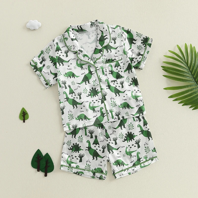 Boys Summer Pajama Set with Fun Dinosaur Print Short Sleeve Button Down Top and Matching Shorts for Comfortable Lounge Wear 250617