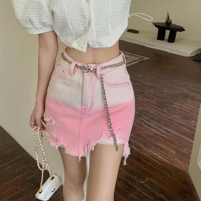 Wrap High Waist Gyaru Pink Woman Denim Skirt Jeans Skirts for Women Tight Cute Zipper Ripped Kawaii Short Mini Cheap V Casual