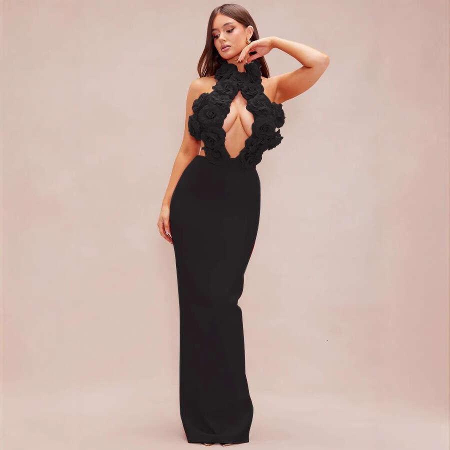 New Summer Fashion Elegant Slimming Backless Red Floral Long Bandage Dress