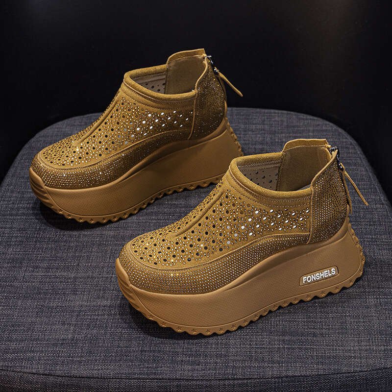 2025 Summer New Hollow Women's Sandals Round Toe Starry Sky Rhinestone New Casual Fashion Breathable Thick Sole Height Increasing Shoes