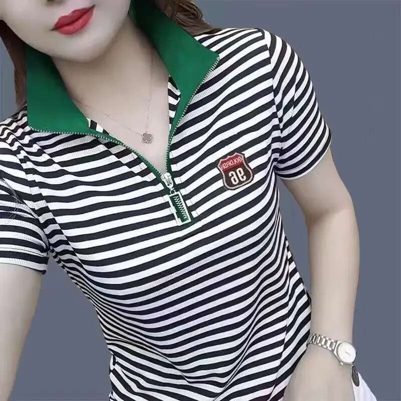Polo Neck Shirt for Women Graphic Baggy Woman T Striped Womens Clothing Trend 2025 Sales Youth Casual Tops with Collar on Offer