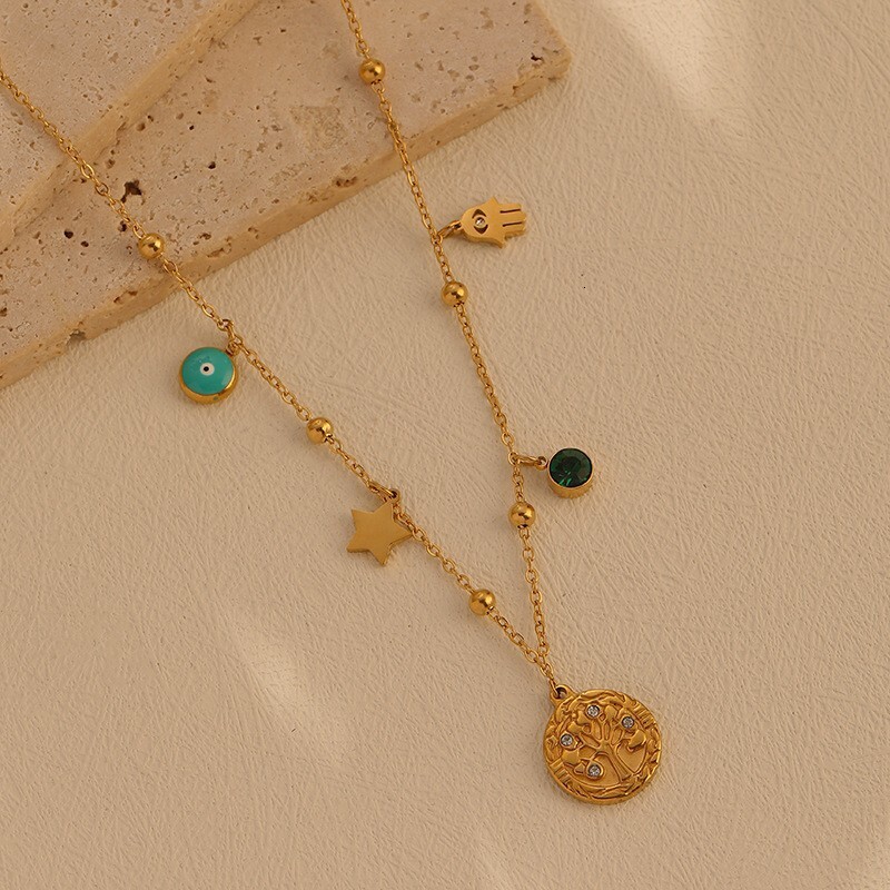 Bohemian Style Fashion Personality Temperament Inlaid Dia Tree of Life Star Eye Necklace for Women Titanium Steel Non-Fading Jewelry
