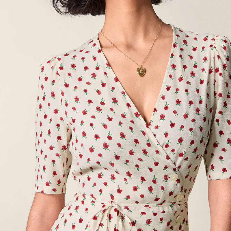 Clothes Women Designer Womens Dresses Robe 114 Summer 2025 New Floral V-neck Short Sleeve Mid-length French Tea Break Wrap Dress with Straps