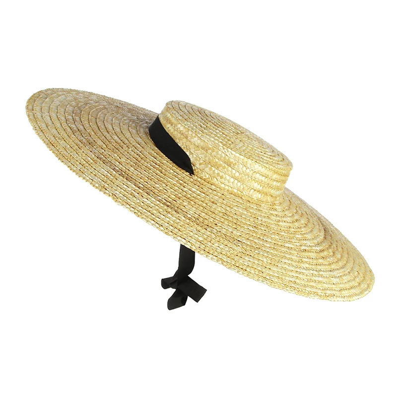 Wide Brim Straw Hat For Women Long Ribbon Ladies Beach Hat Summer Sun Visor Cap Flat Top Large Brim Tie Straw Hat 250616