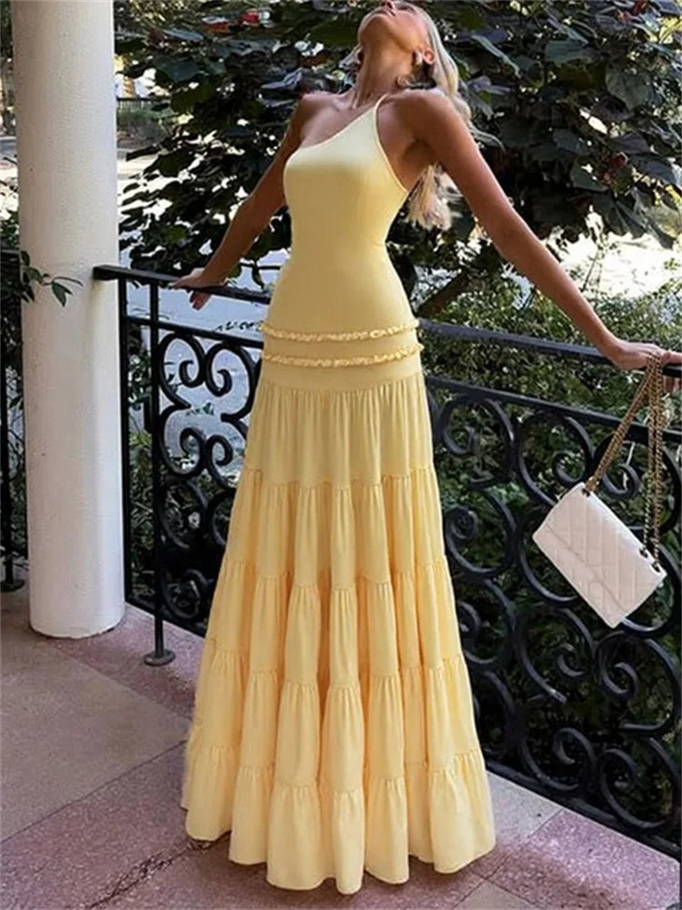 Tossy Ruffled One-Shoulder Elegant Long Dress For Women Skinny Backless Patchwork Lace-Up Party Dress Female Bodycon Dress 2025 250614