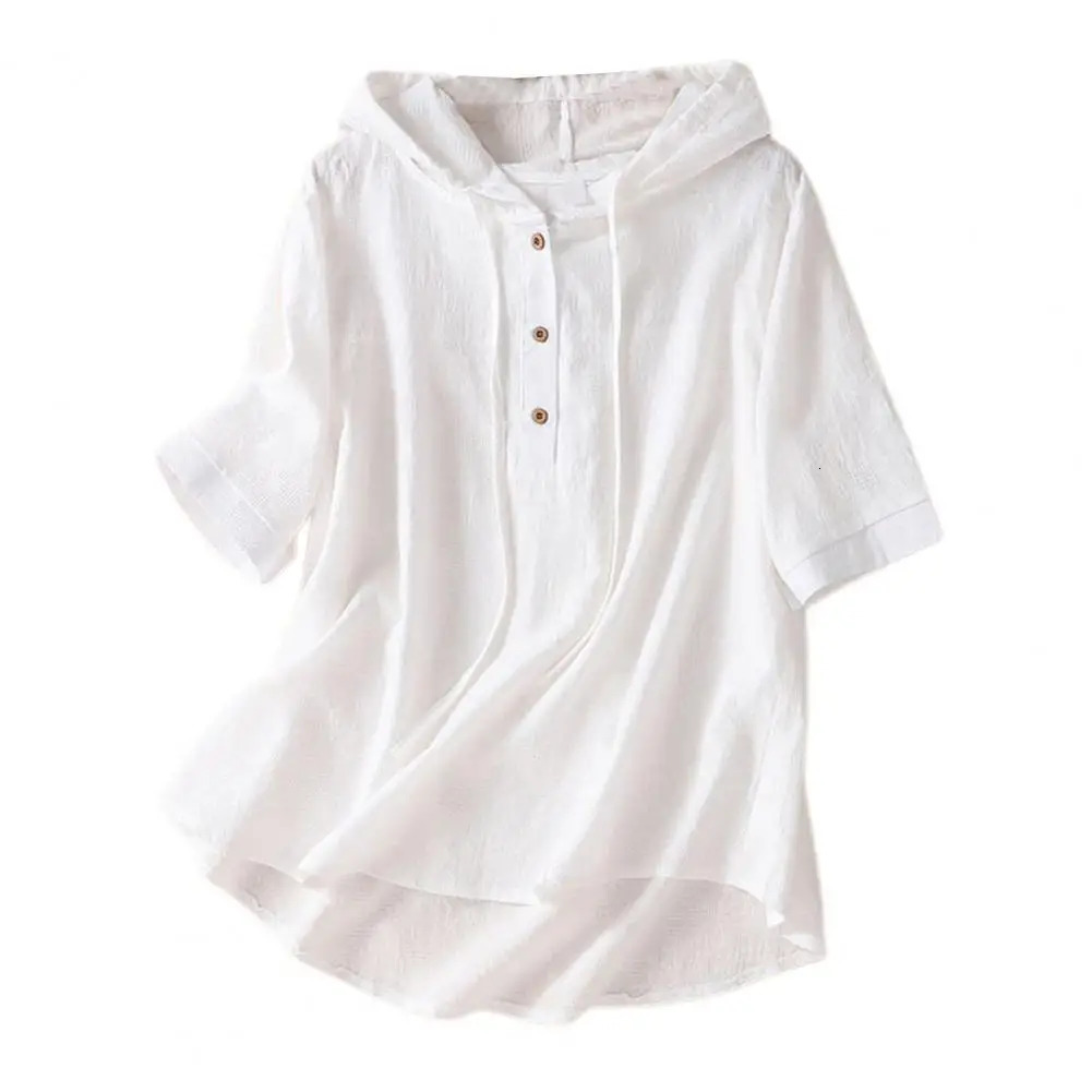 Elegant Women Blouse Shirt Hooded Cotton Linen Solid Color Buttons Half Placket Short Sleeve Top Thin Loose Blouse 250614