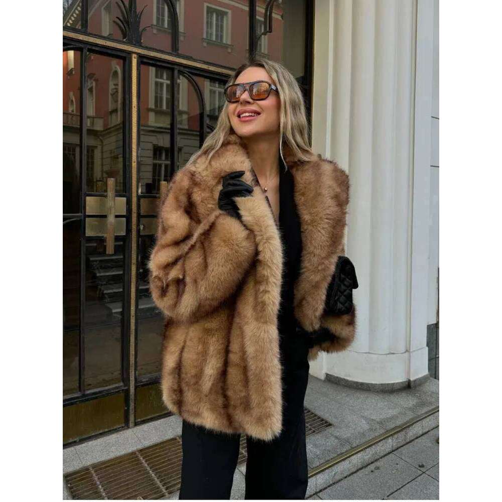 Gold Dyed Pointy Faux Fur Coat Suit Collar Fluffy Short Overcoat Vintage Thickened Warm Loose Fashion Women's Outwear Top Winter