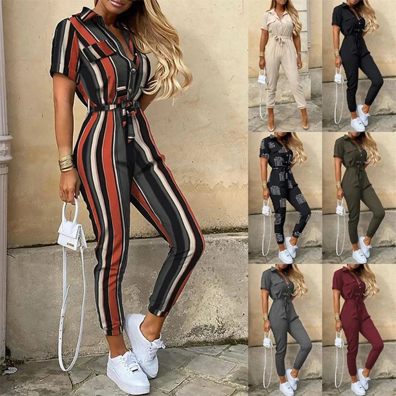 Womens Monochromatic Belt Workwear Jumpsuit Casual Pants Flip Collar Buckle European and American Summer 250616