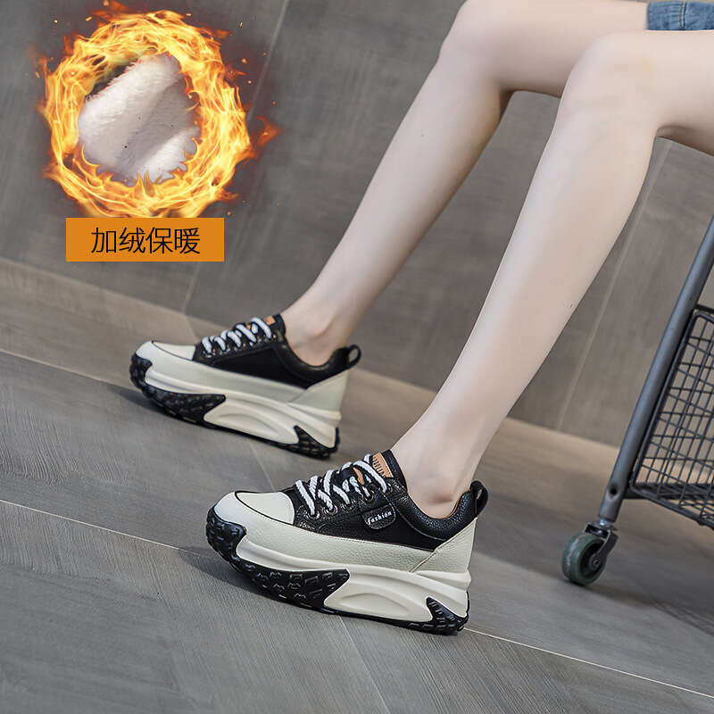 Leather Surface Platform Dad For Women, Autumn 2025 New New Lightweight Hidden Heel Casual Sneakers, Thick Sole Single Shoes