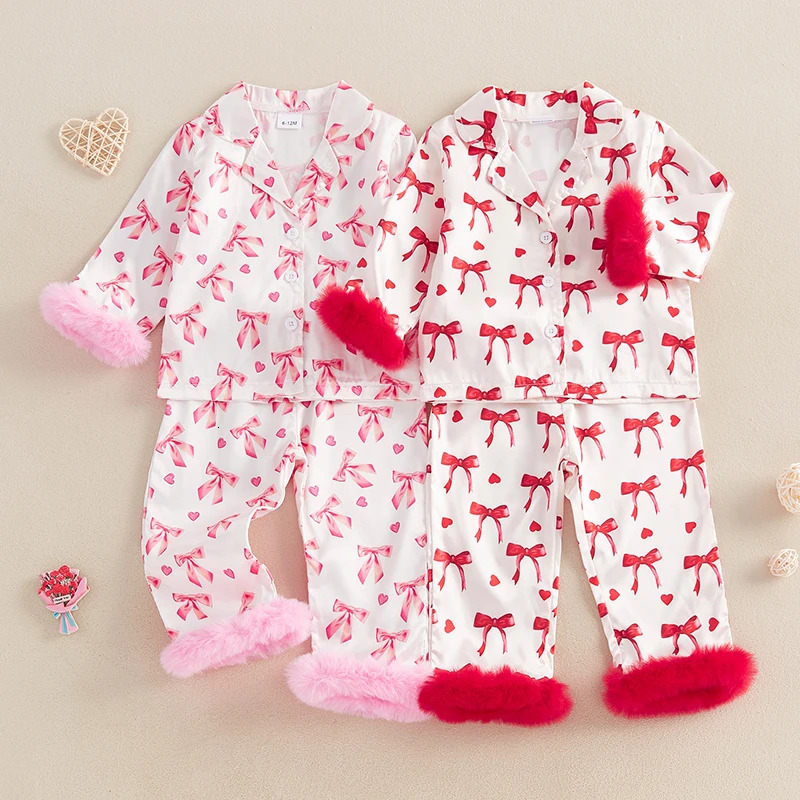 Baby Girl Silk Pajamas Set Floral Girl Button Down Feather Trim Sleeve Shirts and Pants Valentines Day Satin Pj Sets 250617