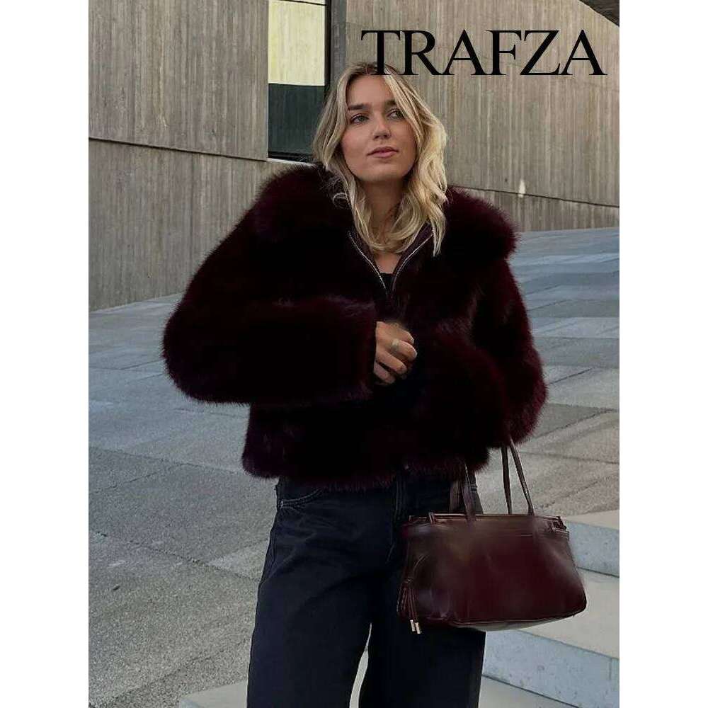 TRAFZA Woman Turn-Down Collar Loose Outerwear Women Elegant Solid Faux Fur Jackets Casual Long Sleeves For Warmth Winter Coat