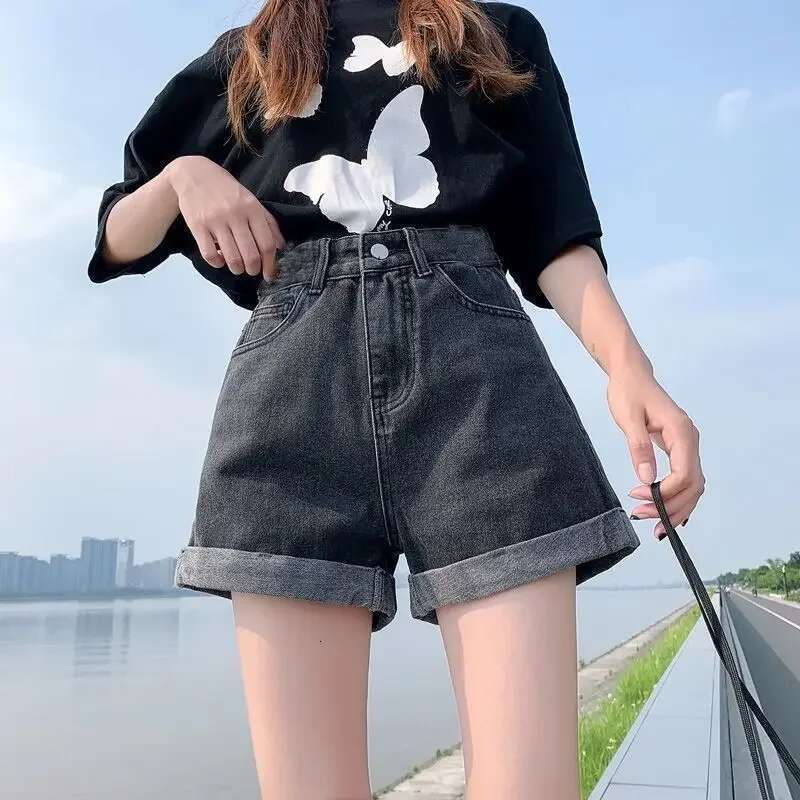 Wide Female Short Jeans Pants Korean Style Womens Denim Shorts With Waist Pocket Design XXL Elegant Low Price Youthful Kpop XL