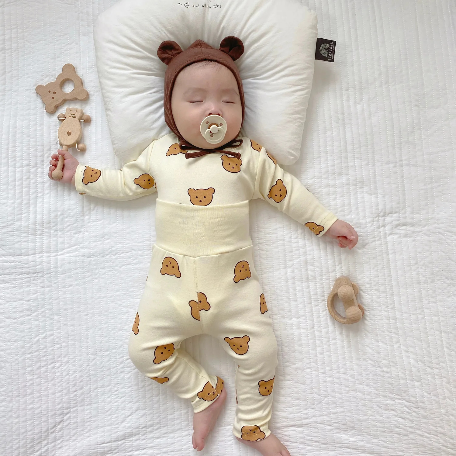 0-3Y High Waist Unisex Baby Pajama Suit Toddler Boys Cute Bear Sleep Wear Infant Pajama Girls Cartoon Print Night Wear 250617