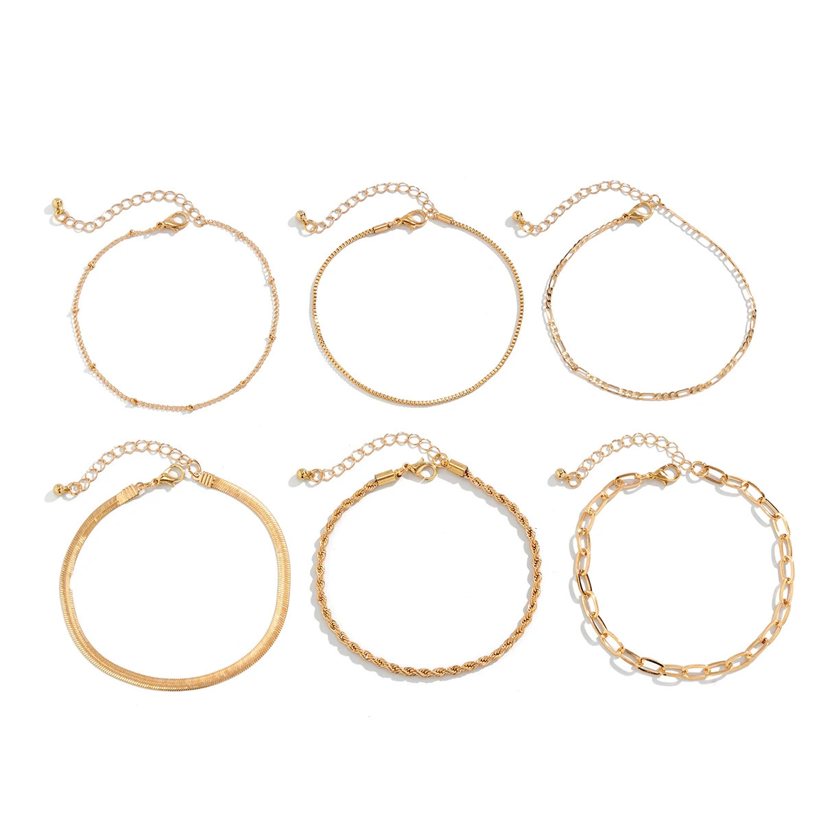 Salircon 6PcsSet Bohemian Twisted Flat Snake Chain Anklet For Women Summer Beach Vintage Foot Ankle Bracelet On Leg Jewelry 250606