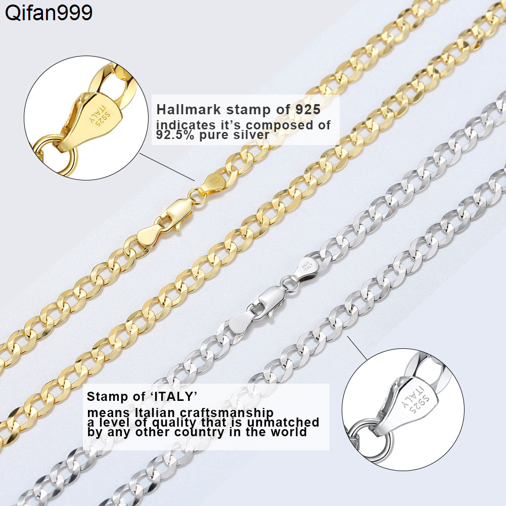 RINNTIN BSC60-3 Solid 925 Sterling Silver 18K Gold Plated Italian 3mm Diamond Cut Cuban Link Curb Chain Necklace for Women Men