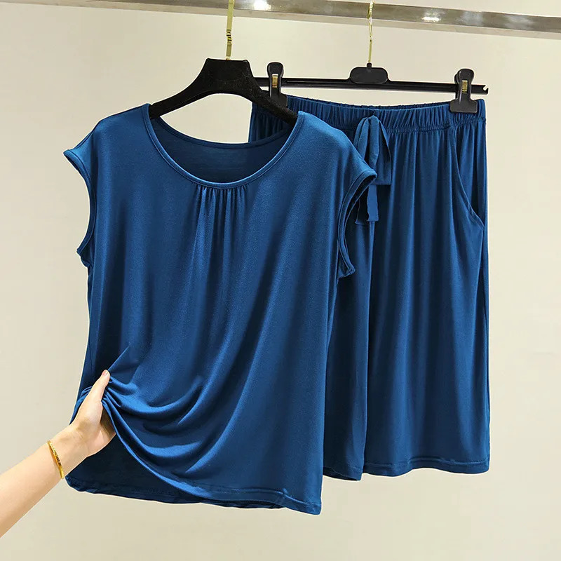 Modal O Neck Sleeveless Shirt Pant Suit Womens Summer Loose Large Size Pajamas Female Sleepwear Pijamas Casual Two-Piece Set 250616