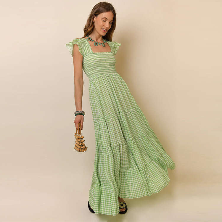 Fulllace Designer Dress Goth Vestidos De Noche Womandress 604 Summer New 2025 Green Plaid Pure Cotton A-line Square Neck Flutter Sleeve Long Dress Fre