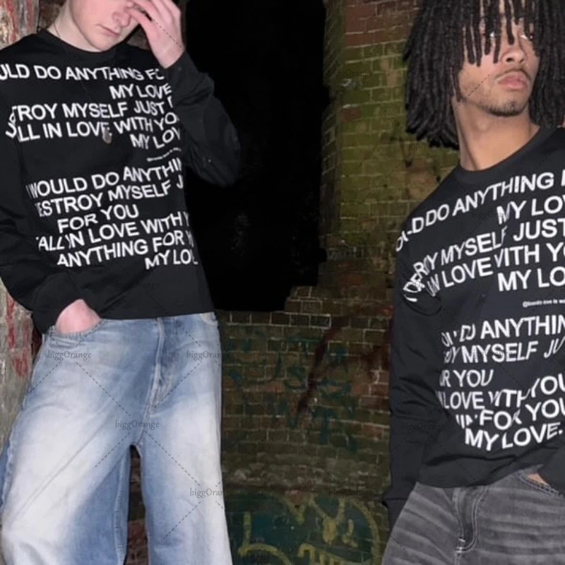 High Street Retro Harajuku Letter Round Neck Long Sleeve T-shirt Punk Gothic Y2K Graphic Top Men Hip-hop Trendy Streetwear 250616