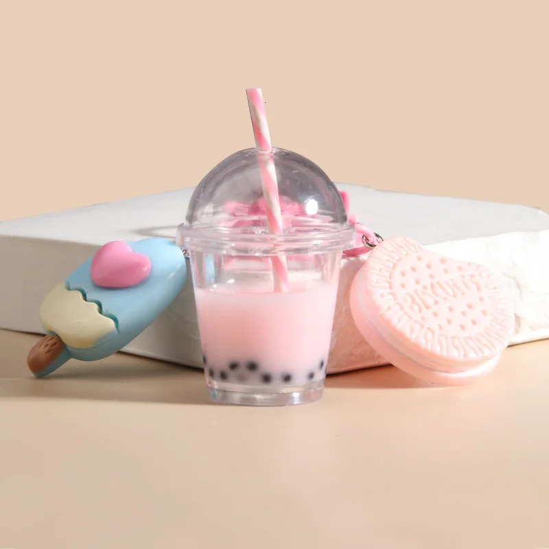 Cute Keychains Ice-cream Bubble Tea Biscuit Pink Key Rings Friendship For Friend Women Girl Handbag Gift Jewelry 250616