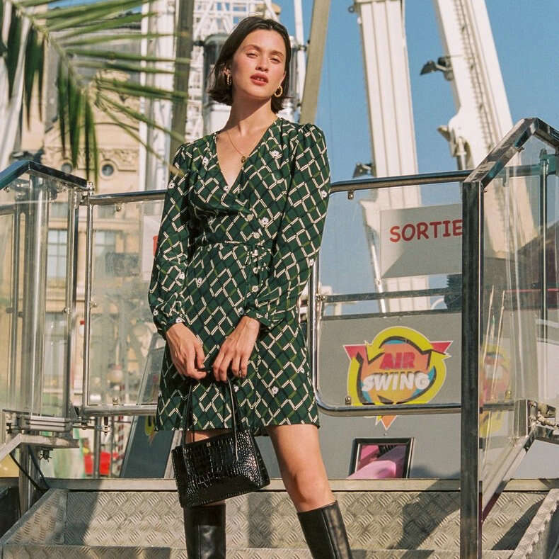Luxury Dress Designer Dresses for Women 601 Spring Summer Liu Yifei Same Xu Hongdou 2025 Green Printed Short Long Sleeve Tea Dress French Style Women