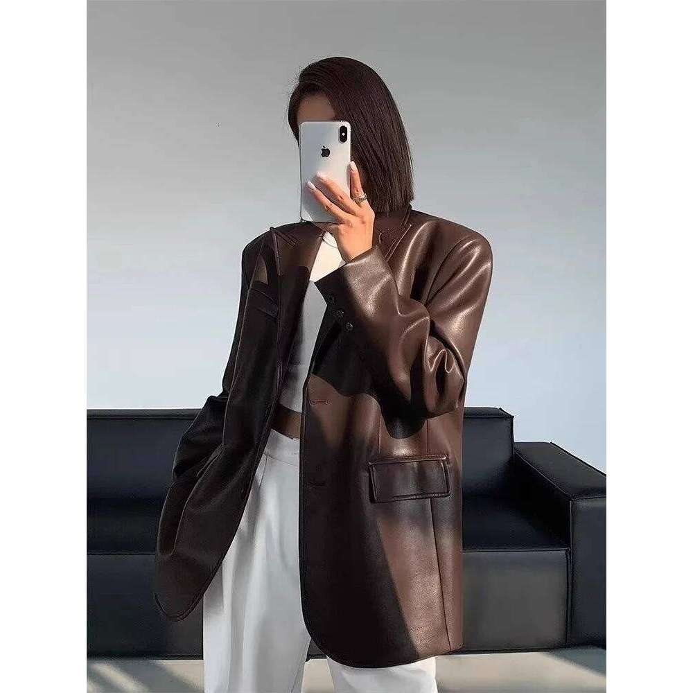 Vintage Autumn Black Brown Soft Pu Leather Blazer Women Biker Coat Long Sleeve Flap Pocket Suit Jacket Oversized Streetwear