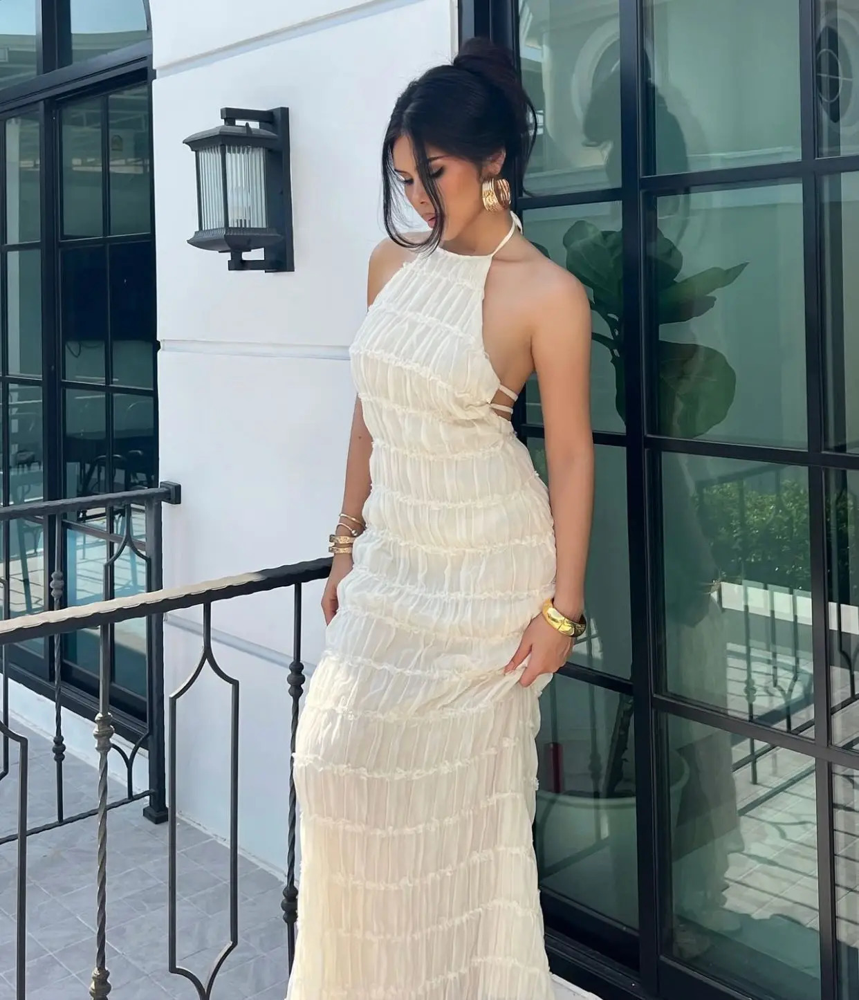 Cryptographic Summer Sexy Backless Frill Hem Maxi Dress Outfits Holiday Sleeveless Halter Bandage Sun Dresses Beachwear Solid 250614