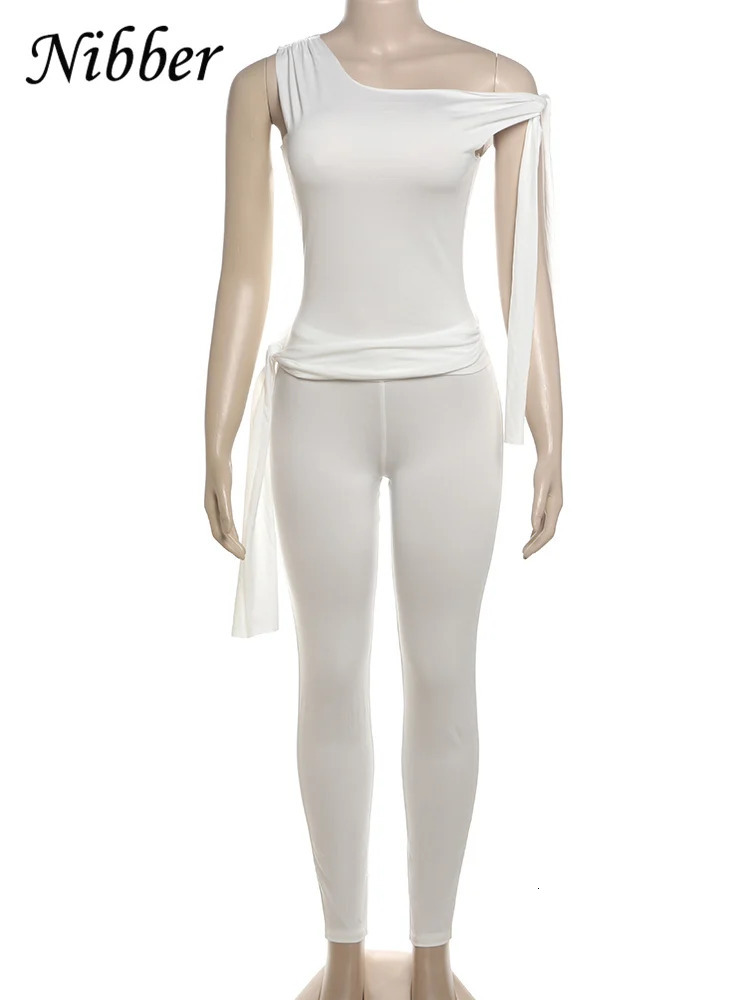 Nibber Chic Elegant 2 Piece Set Women Tracksuit Skew Collar Ribbon Tank TsopLeggings Casual Skinny Stretch Matching Outfits 250616