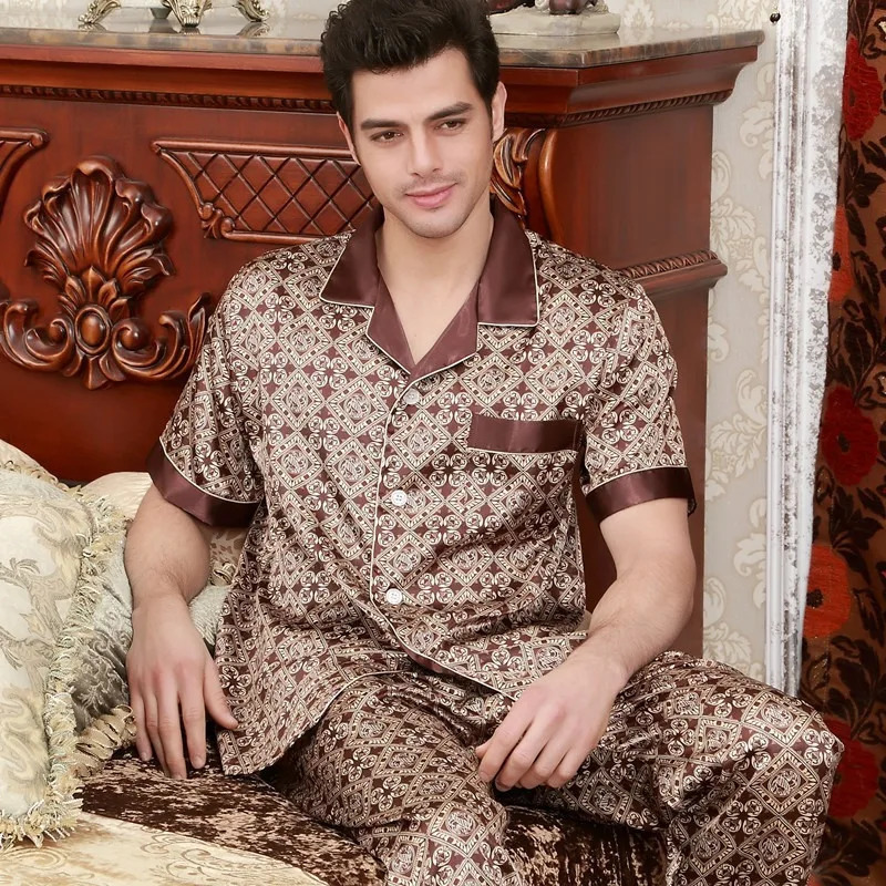 High Quality Mens Pajamas Suit Summer Ice Silk Sleepwear Thin Shortsleeved Trousers Twopiece Loungewear Male 250614