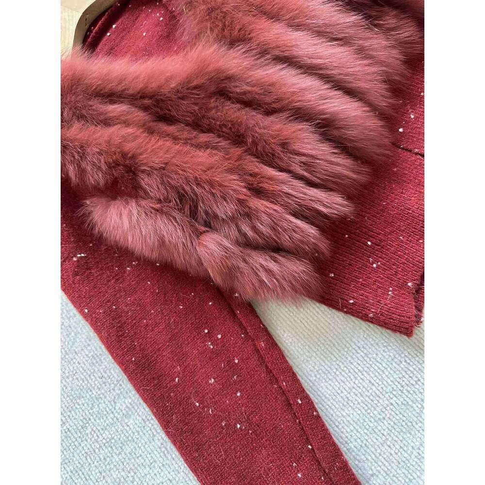 2024 Women Knitted Sweater Coat With Real Fox Fur Loose Long Sleeve V-neck Cardigan Jacket Female Warm Outwear