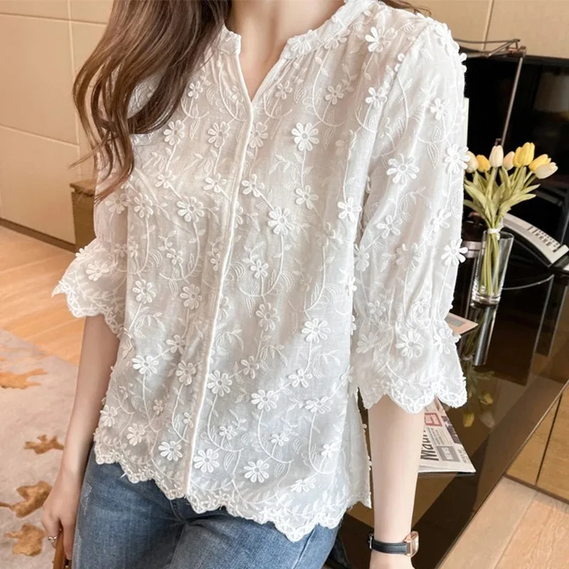 Womens Cotton Short Sleeve Lace Blouse Summer Tops Embroidery Floral White Shirt Fashion Casual Blouses 9638 250614