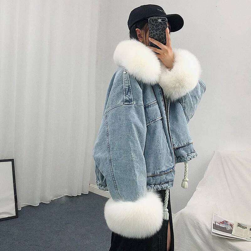 Outerwear Winter Warm Big fur collarPlus Veet Thick Korean Style Removable Loose Denim Women Jacket JK234