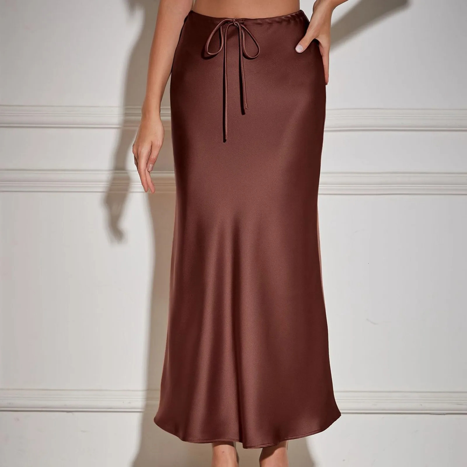 Top Selling Skirts For Women Plus Size WomenS Solid Color Satin Long Dress High Waist Drawstring Dress Ropa Para Mujer 250614