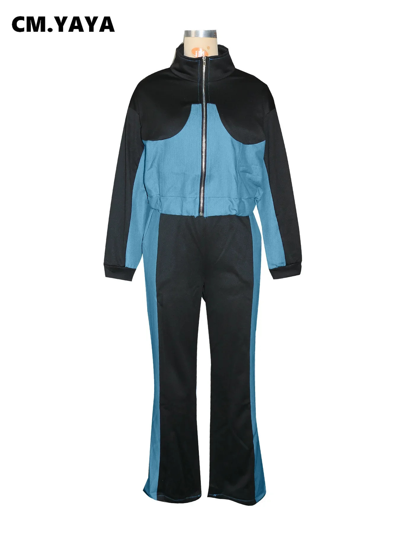 CM.YAYA Fashion Denim Patchwork Womens Set Sweatshirt Jacket and Wide Leg Pants Suit INS Two 2 Piece Sets Outfit Tracksuit 250614