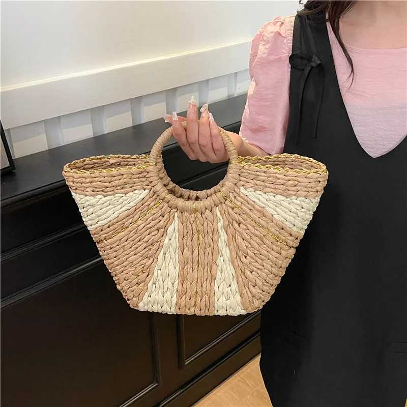 Straw Handbags Handwoven Beach Top-Handle Bags Hollow Out Stripe Tote Hand Bags Large Capacity Half-Moon Bag for Vacation Travel Z250617