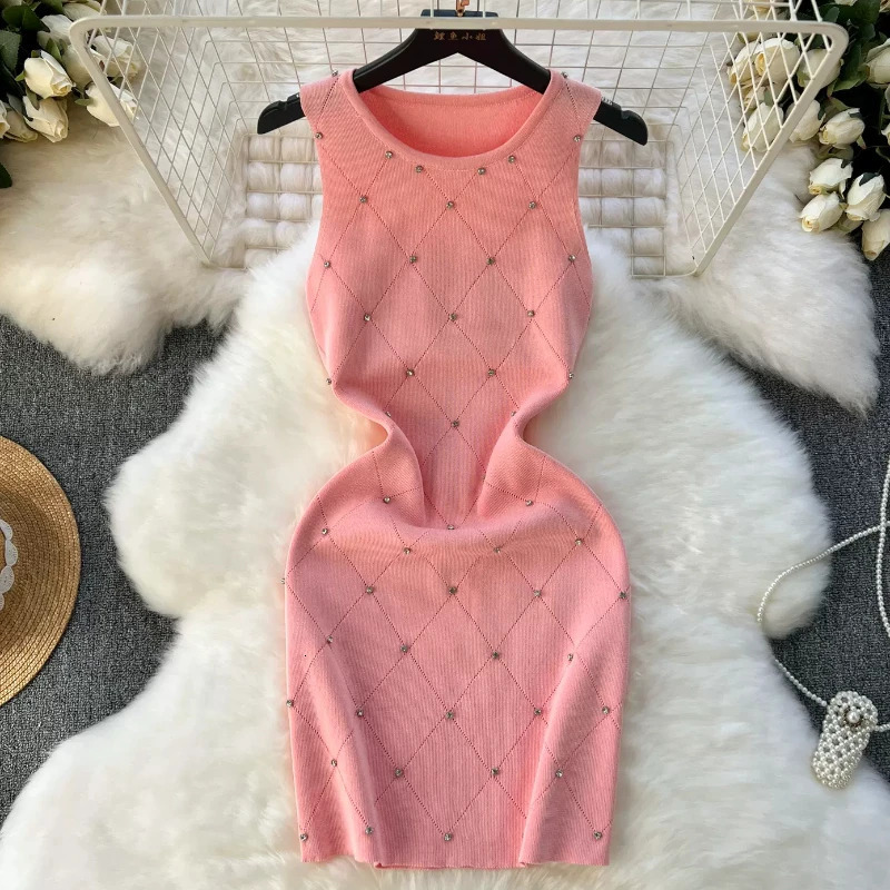 Beading Summer Womens Knitting Sheath Tank Dress Female Bodycon Knitted Camisole Sleeveless Mini Dresses For Woman Outfits 250616