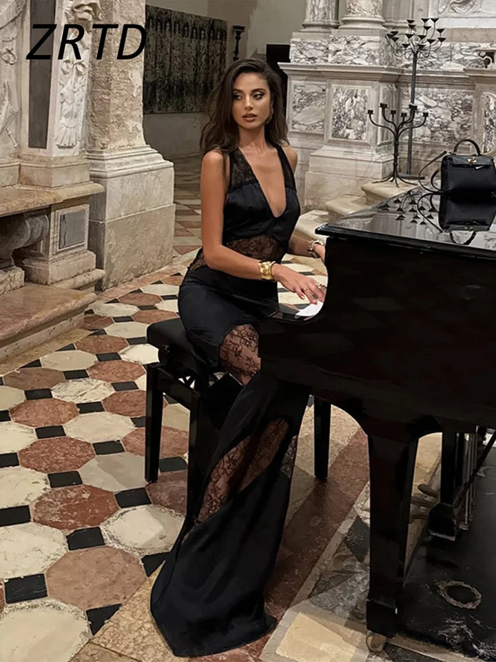 Elegant Lace Spliced Halter Long Dress Women Sexy Backless See Through Female Party Dresses 2025 Summer Lady Chic Evening Gowns 250616