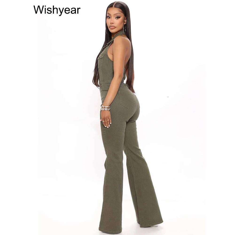 Fashion Army Green Denim Jumpsuit Women Halter Sleeveless Backless Wide Leg Pants Rompers Streetwear One Pieces Jeans Outfits