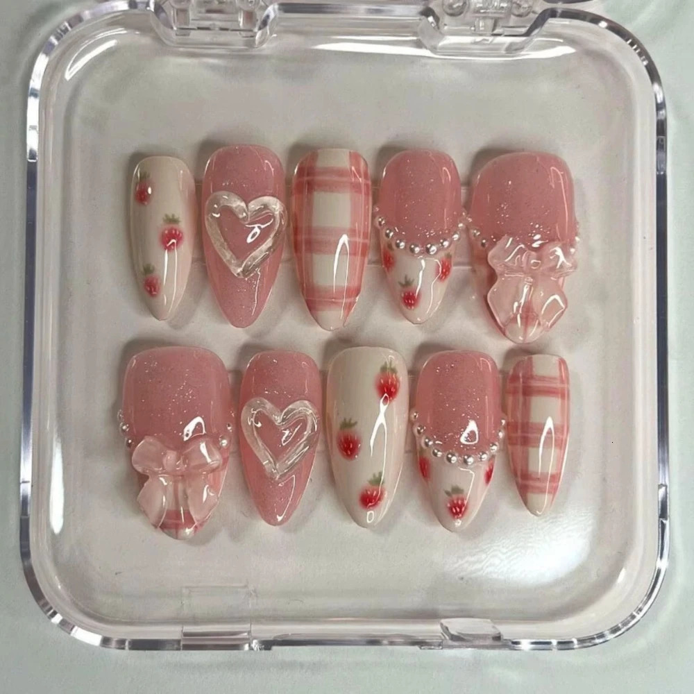 10 Pcs Handmade Press On Nails Advanced French Elegance 3D INS Y2k Pink Bow Medium Almond Fake Nails DIY Nails with Set 250612