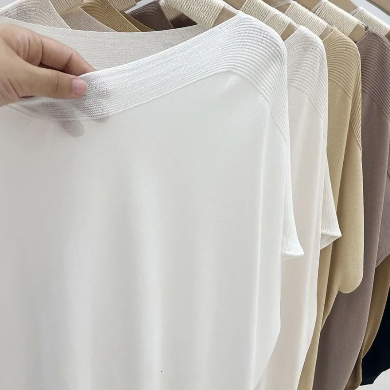 Simplicity Fashion Summer Thin Style Ice Silk T-Shirts Womens O-Neck Solid Screw Thread Casual Loose Short Sleeve Knitted Tops 250614