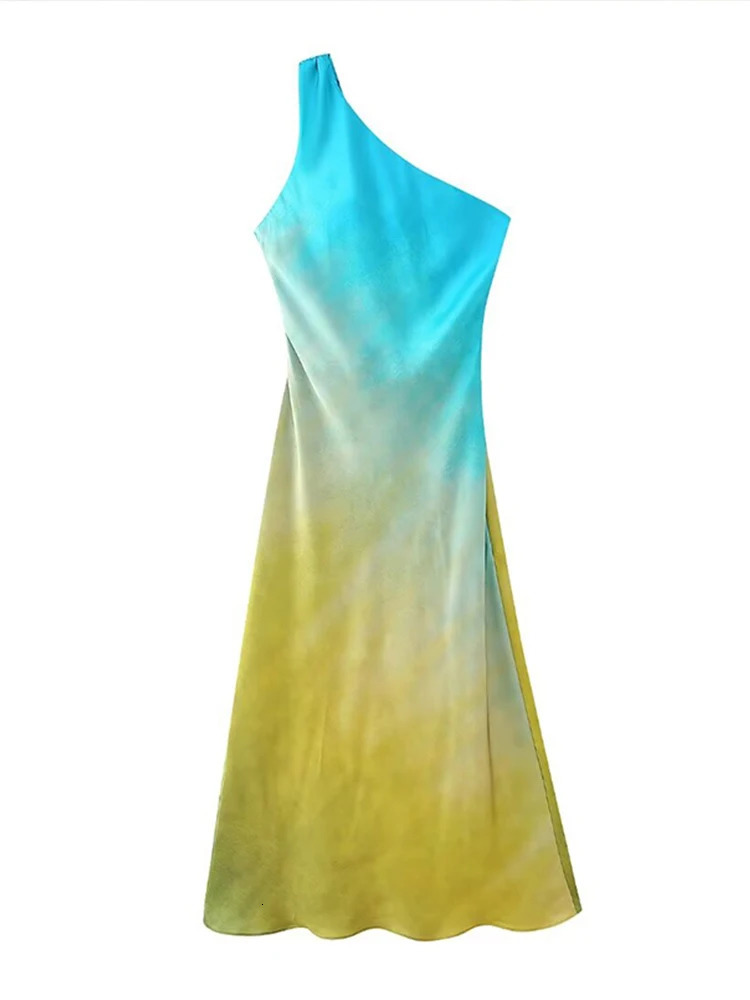Fashion Diagonal Collar Gradient Print Midi Dress Women One Shoulder Sleeveless Backless Long Dress Summer Lady Party Robe 250616